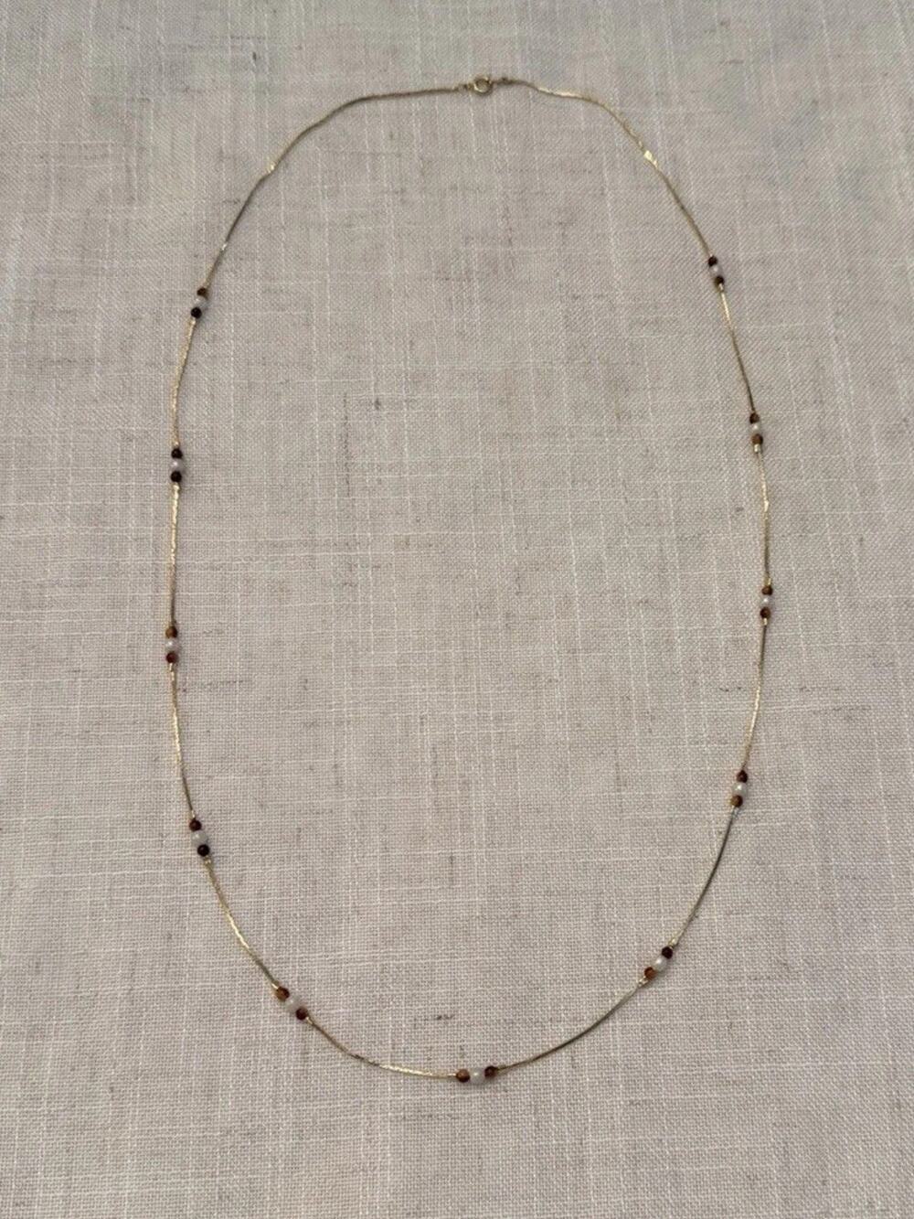 Vintage Gold Tone Snake Chain Necklace Brown White Beads 28” Dainty Layering